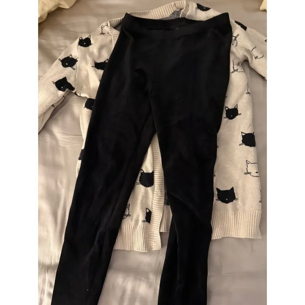 Tea collection black pants and cat cardigan outfit size 7